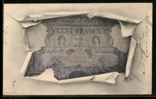 AK France, Geldschein über zwanzig Francs durch zerrissenes Papier