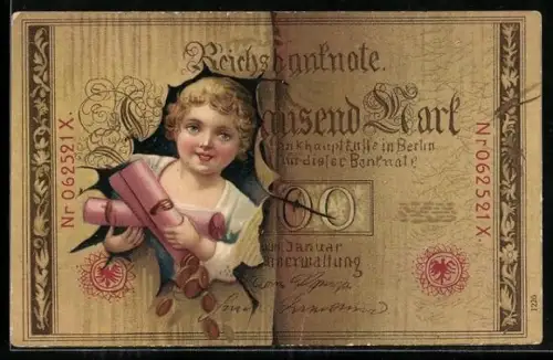 AK Mädchen mit Geldmünzen schaut durch Reichsbanknote Ein Tausend Mark
