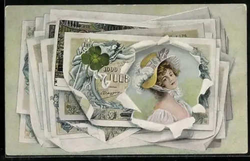 AK Frauenportrait durch zerrissenen Geldschein