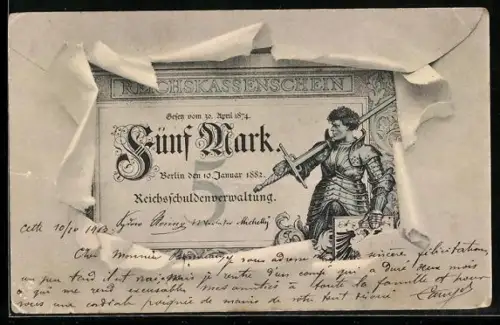 AK Reichskassenschein Fünf Mark mit Ritter im Umschlag