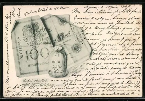 AK Geldschein und Geldbeutel, 100 Mark