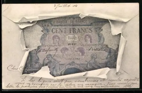 AK Geldschein Cent Francs in einem aufgerissenen Brief