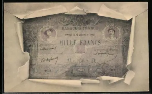 AK Französischer Geldschein im Umschlag, Mille Francs