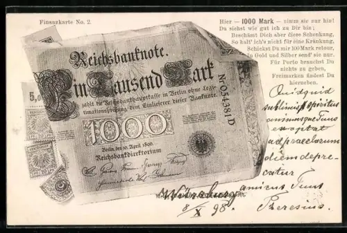 AK Geldschein über eintausend Mark mit Briefmarken