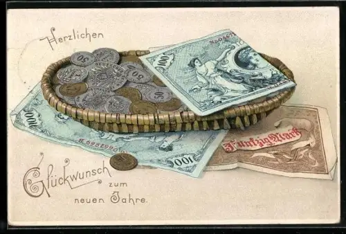 AK Korb mit Geldmünzen und Scheinen