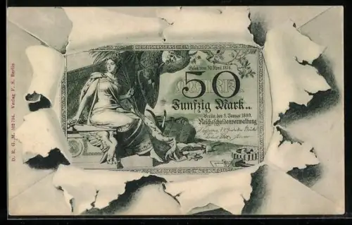AK Geldschein Fünfzig Mark schaut durch ein aufgerissenes Blatt Papier
