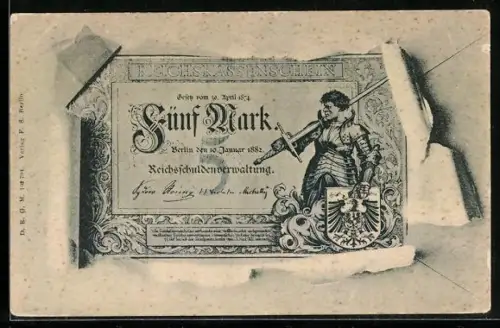 AK Fünf-Mark-Reichskassenschein mit Ritter im Umschlag