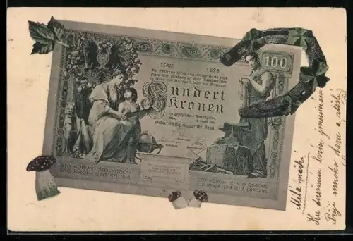 AK Hundert Kronen-Schein der österreich-ungarischen Bank mit Hufeisen