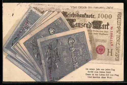 AK Ein Bündel Geldscheine, Im neuen Jahr...