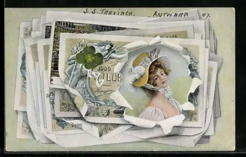 AK Dame mit Hut im Geldschein-Rahmen