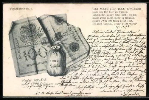 AK 100 Mark nebst 1000 Grüssen, Geldschein und Geldbeutel