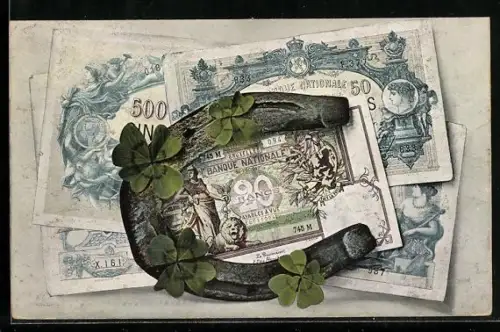 AK Geldscheine, Hufeisen u. Glücksklee