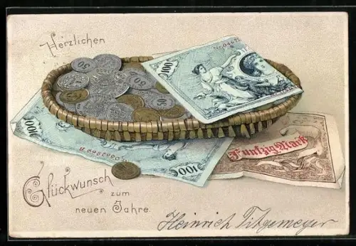 AK Korb mit Geldmünzen und Scheinen