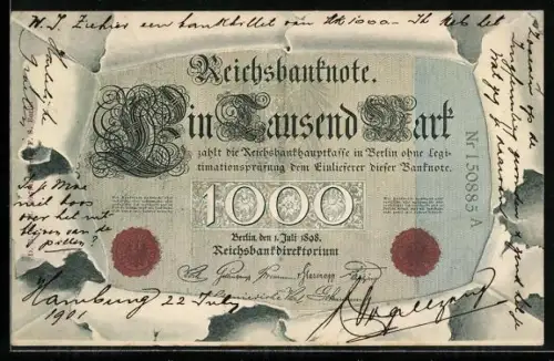 AK Reichsbanknote Eintausend Mark im Umschlag