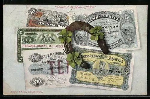 AK Südafrika, Geldscheine und Hufeisen mit Glücksklee