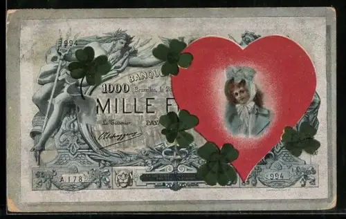 AK Belgischer Geldschein mit Herz und Frauenporträt, Mille Francs