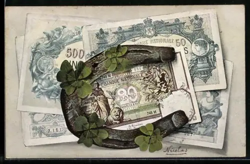 AK Geldscheine, Hufeisen u. Glücksklee