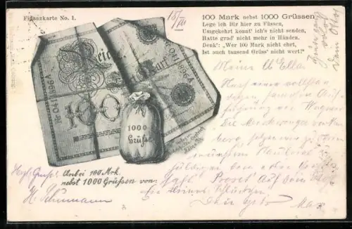 AK 100 Mark nebst 1000 Grüssen, Geldschein