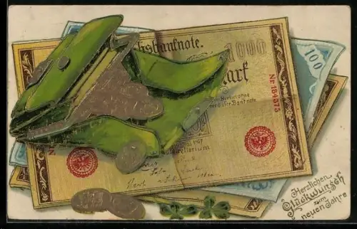 AK Herzlichen Glückwunsch zum neuen Jahre, Geldbörse mit Münzen und Banknoten