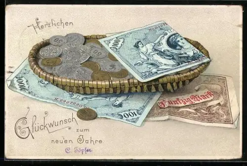 AK Korb mit Geldmünzen und Scheinen