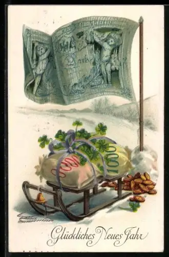 Künstler-AK Schlitten mit Geldsäcken und einem Kassen-Schein als Fahne