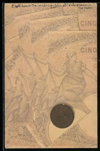 AK Bildnis von Geldscheinen und einer Geldmünze