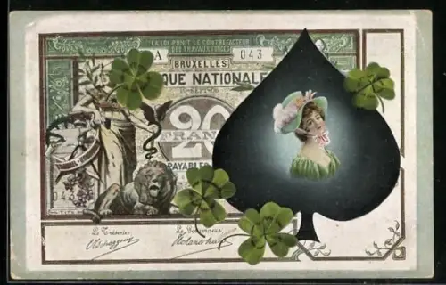 AK Brüssel, Geldschein, Dame im Pik-Zeichen mit Glücksklee