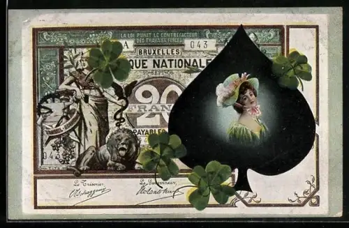 AK Brüssel, Geldschein, Dame im Pik-Zeichen mit Glücksklee