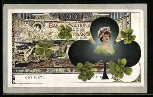 AK Belgische Bankote mit Damenporträt und Klee