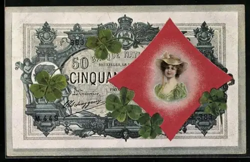 AK Geldschein Bruxelles mit Damenporträt und Klee