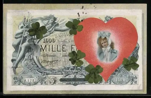 AK Geldschein, geschmückt mit Kleeblättern und dem Portrait einer Dame in einem Herzen