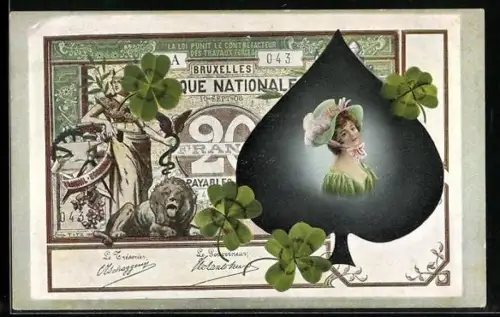 AK Brüssel, Geldschein, Dame im Pik-Zeichen mit Glücksklee