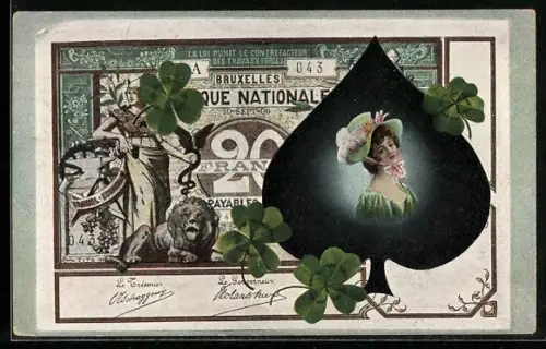 AK Brüssel, Geldschein, Dame im Pik-Zeichen mit Glücksklee