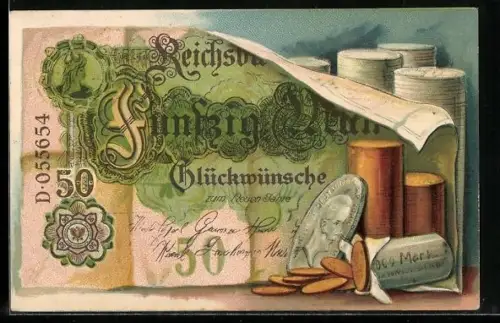 Künstler-AK Reichsbanknote Fünfzig Mark, Glückwunschkarte
