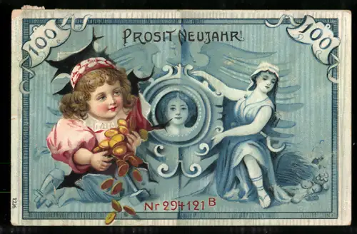 AK Gelschein und Mädchen mit Münzen