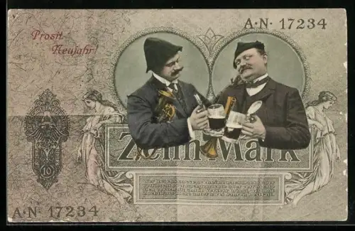 AK Geldschein 10 Mark, Doppelportrait sich zuprostender Männer im Geldscheinpassepartout