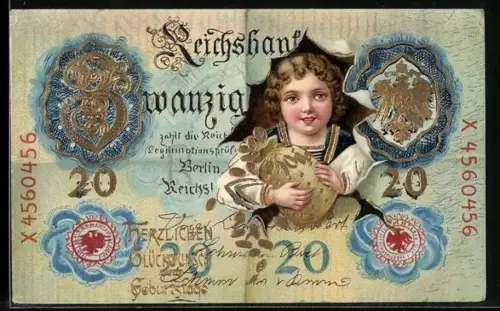 Künstler-AK Kind mit Geldsack auf Banknote