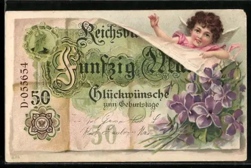 AK Reichsbanknote 50 Mark, Kleiner Engel und Veilchen