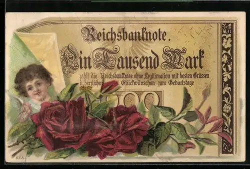 AK Reichsbanknote Ein Tausend Mark, Engel und Rosen, Geld