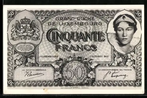 AK 50 Francs Geldschein mit Porträt von Grossherzogin Charlotte