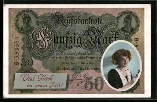 AK Junge Dame mit Blumen im Haar auf Fünfzig Mark Schein