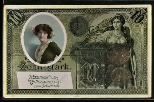 Präge-AK Geldschein Zehn Mark mit Geburtstagswünschen