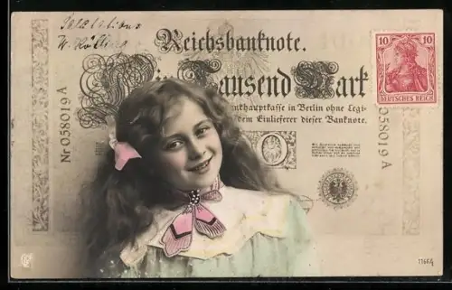 AK kleines Mädchen vor einer Reichsbanknote Tausend Mark
