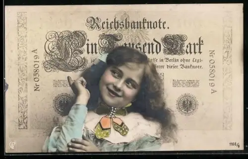 AK Lächelndes Mädchen vor einem 1000 Mark Schein
