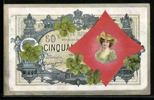 AK Geldschein Bruxelles mit Klee und Damenporträt