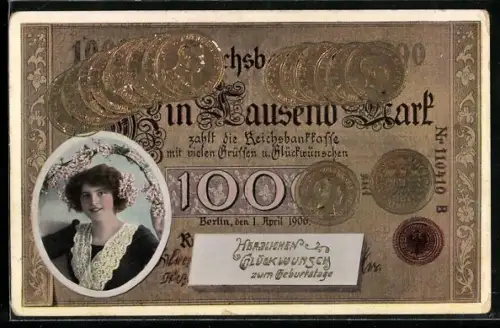 AK Geldschein 1000 Mark mit Münzen und Damenporträt
