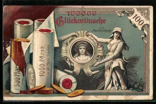 AK Geburtstag, Geldstücke in versiegelten Rollen, Frauenportrait, geknickter Geldschein