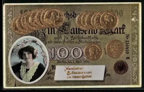 Präge-AK Geldschein 1000 Mark mit Münzen und Neujahrswünschen