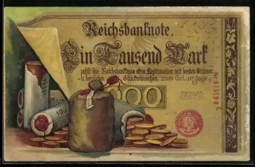 AK Geldmünzen und eine Reichsbanknote Ein Tausend Mark