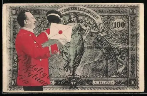 AK Dänischer Geldschein mit Postbote